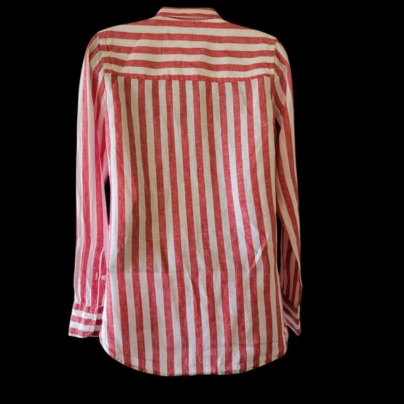 J Crew Linen Red & White Striped Button-Up Long Sleeve Shirt With Chest Pockets - Picture 6 of 11